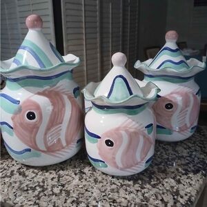 Hand-Painted Fish Design Ceramic Jars Set and Tea Pot